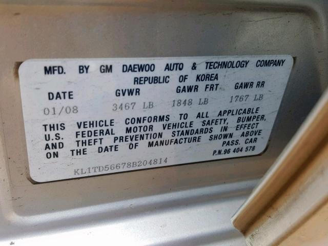 KL1TD56678B204814 - 2008 CHEVROLET AVEO BASE Gümüş foto 10