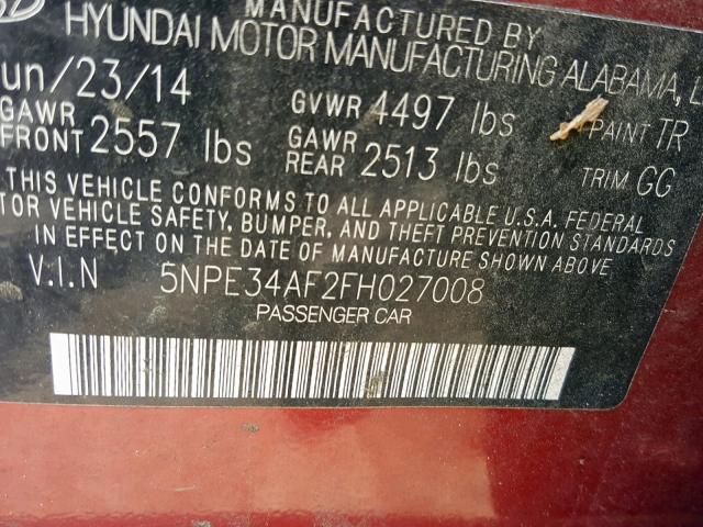 5NPE34AF2FH027008 - 2015 HYUNDAI SONATA SPO RED photo 10