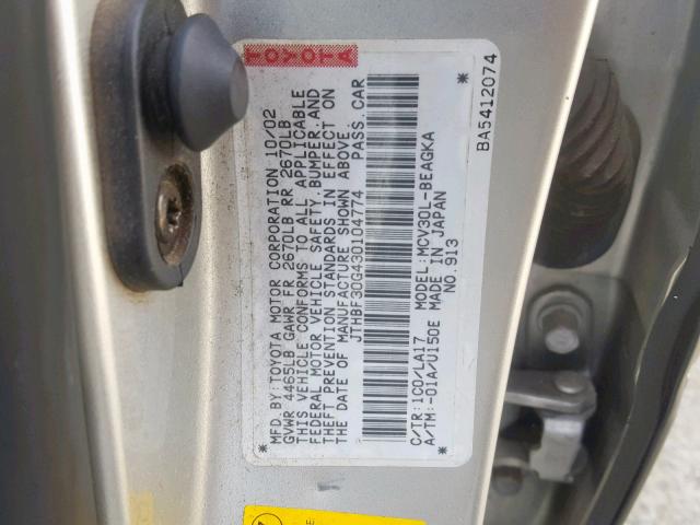 JTHBF30G430104774 - 2003 LEXUS ES 300 GRAY photo 10