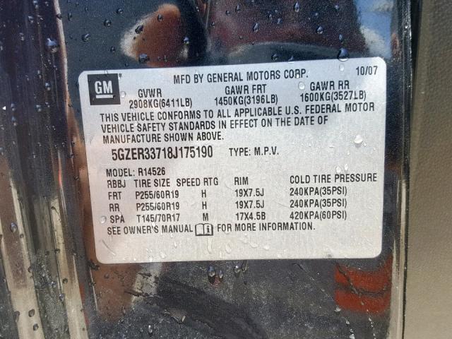 5GZER33718J175190 - 2008 SATURN OUTLOOK XR შავი ფოტო 10