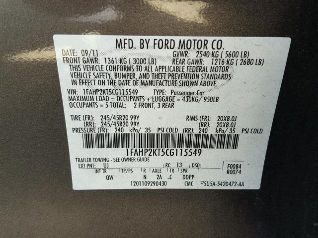 1FAHP2KT5CG115549 - 2012 FORD TAURUS SHO GRAY photo 10