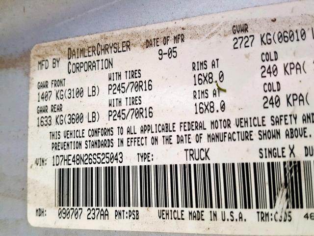 1D7HE48N26S525043 - 2006 DODGE DAKOTA QUA GRAY photo 10