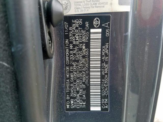 JTKDE167080261663 - 2008 TOYOTA SCION TC ნაცრისფერი ფოტო 10