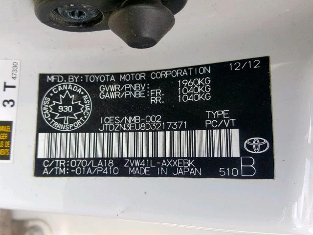 JTDZN3EU8D3217371 - 2013 TOYOTA PRIUS V WHITE photo 10