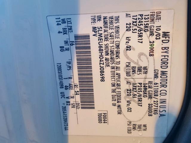 5LMEU68H04ZJ08698 - 2004 LINCOLN AVIATOR 白色 照片 10