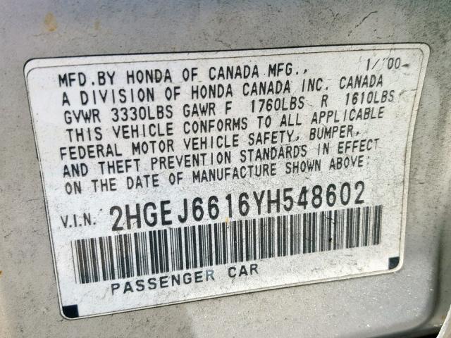 2HGEJ6616YH548602 - 2000 HONDA CIVIC BASE SILVER photo 10