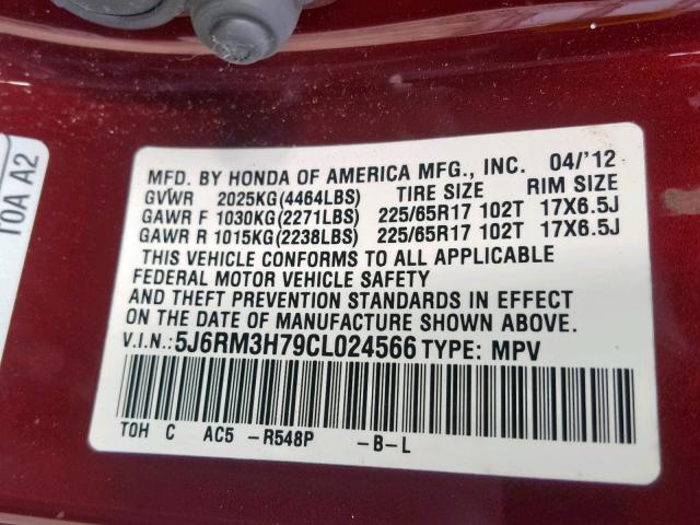 5J6RM3H79CL024566 - 2012 HONDA CR-V EXL RED photo 10