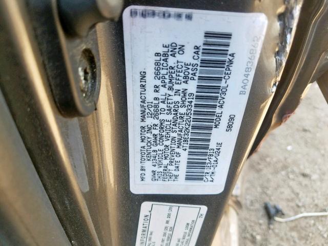 4T1BE32K22U533419 - 2002 TOYOTA CAMRY LE GRAY photo 10