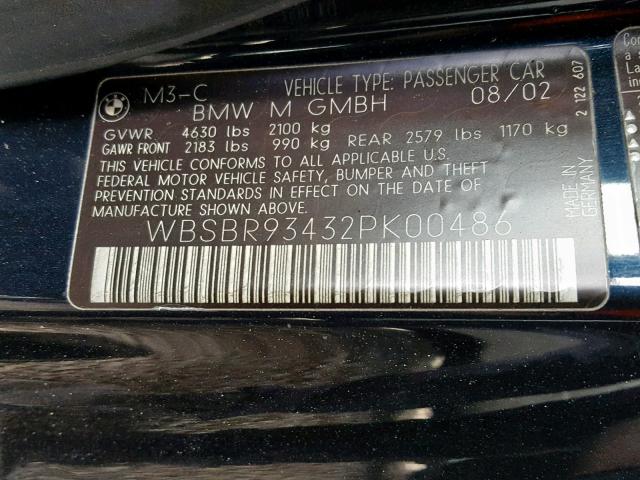 WBSBR93432PK00486 - 2002 BMW M3 BLACK photo 10