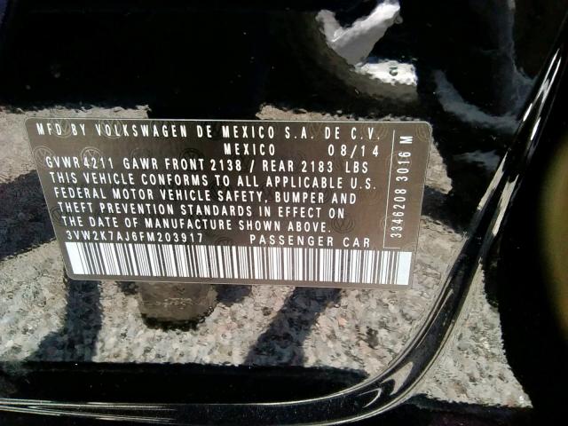 3VW2K7AJ6FM203917 - 2015 VOLKSWAGEN JETTA BASE 黑色 照片 10