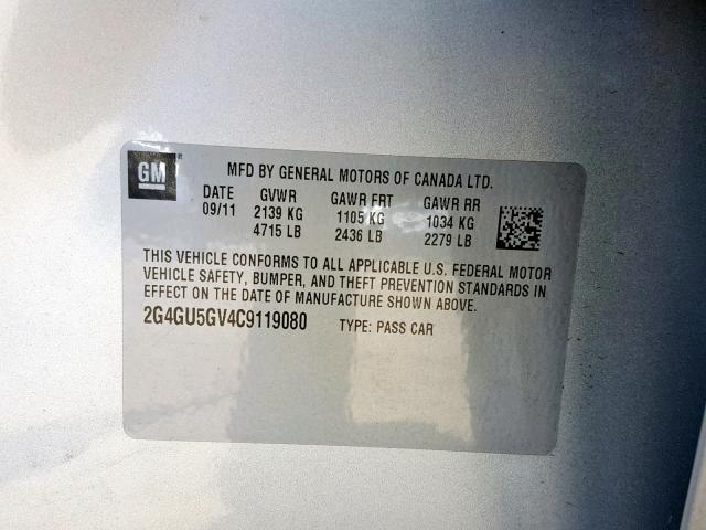 2G4GU5GV4C9119080 - 2012 BUICK REGAL PREM SILVER photo 10