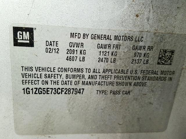 1G1ZG5E73CF287947 - 2012 CHEVROLET MALIBU LTZ ვერცხლისფერი ფოტო 10