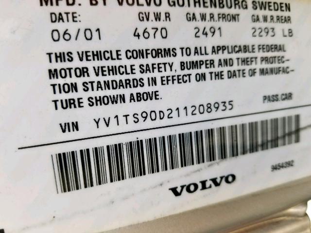 YV1TS90D211208935 - 2001 VOLVO S80 T6 SILVER photo 10