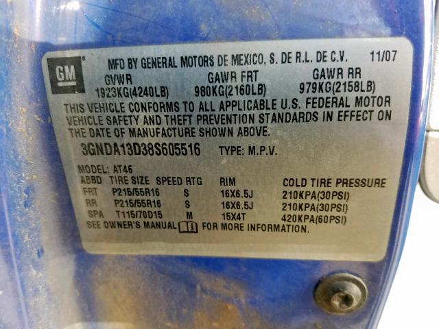 3GNDA13D38S605516 - 2008 CHEVROLET HHR LS BLUE photo 10