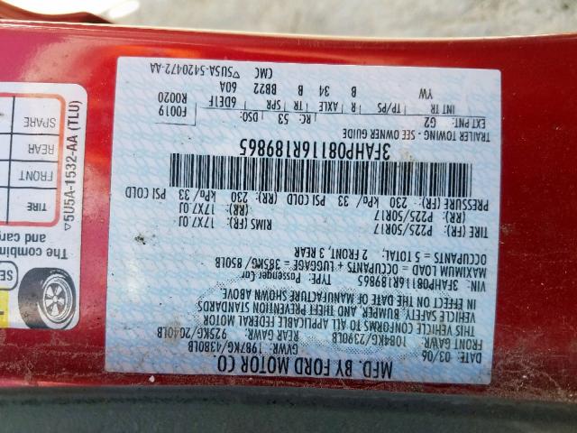 3FAHP08116R189865 - 2006 FORD FUSION SEL RED photo 10