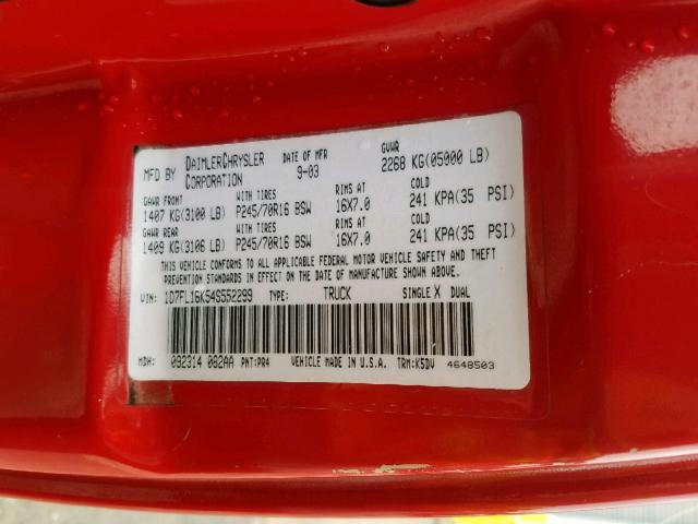 1D7FL16K54S552299 - 2004 DODGE DAKOTA SXT RED photo 10