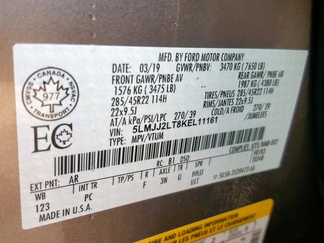 5LMJJ2LT8KEL11161 - 2019 LINCOLN NAVIGATOR GRAY photo 10