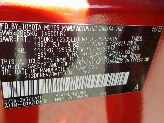 2T3DFREV2DW115094 - 2013 TOYOTA RAV4 LIMIT RED photo 10