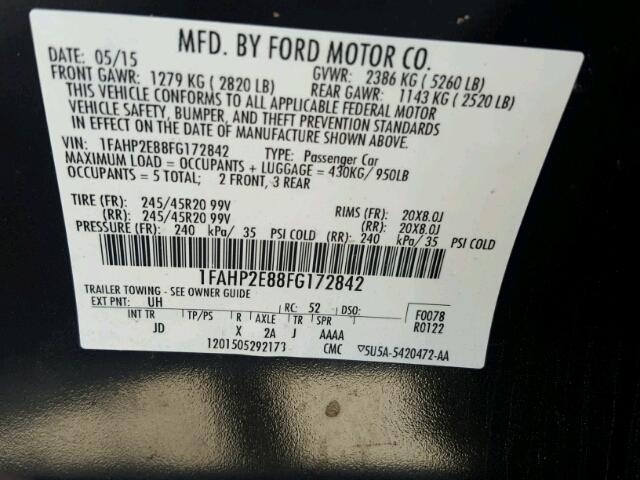 1FAHP2E88FG172842 - 2015 FORD TAURUS SEL BLACK photo 10