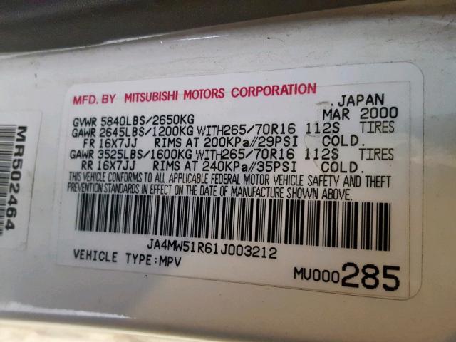 JA4MW51R61J003212 - 2001 MITSUBISHI MONTERO LI WHITE photo 10