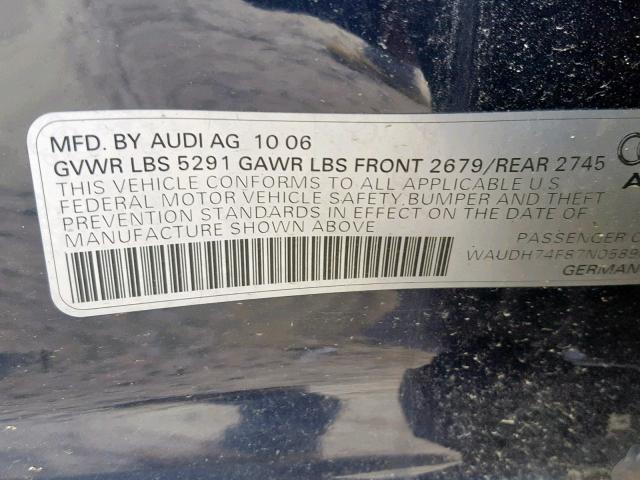 WAUDH74F87N058966 - 2007 AUDI A6 3.2 QUA BLUE photo 10