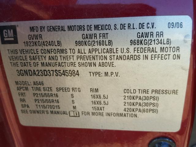 3GNDA23D37S545984 - 2007 CHEVROLET HHR LT MAROON photo 10