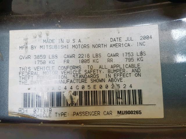 4A3AC44G05E002624 - 2005 MITSUBISHI ECLIPSE GS GRAY photo 10