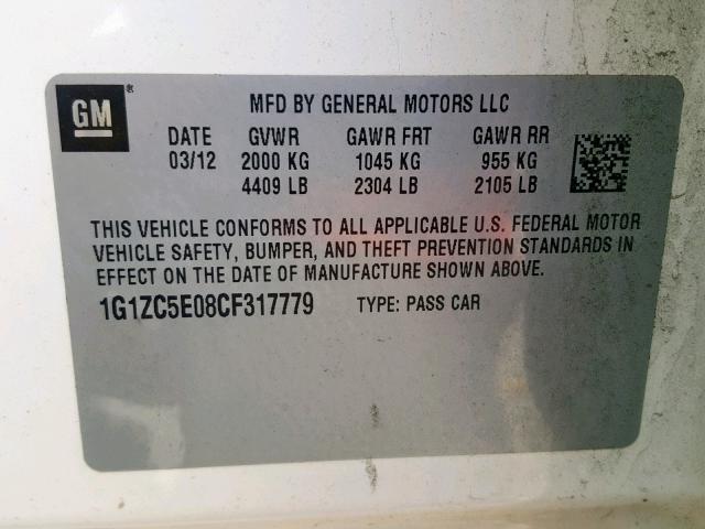 1G1ZC5E08CF317779 - 2012 CHEVROLET MALIBU 1LT  照片 10