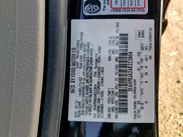 3FAHP0JA2AR323804 - 2010 FORD FUSION SEL BLACK photo 10