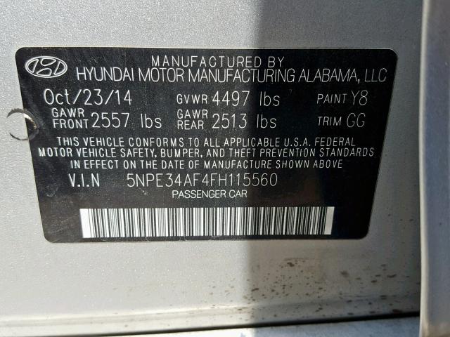 5NPE34AF4FH115560 - 2015 HYUNDAI SONATA SPO SILVER photo 10