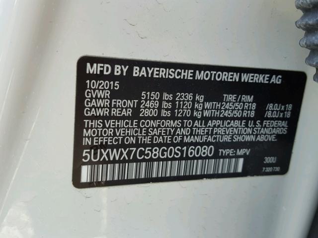 5UXWX7C58G0S16080 - 2016 BMW X3 XDRIVE3 WHITE photo 10