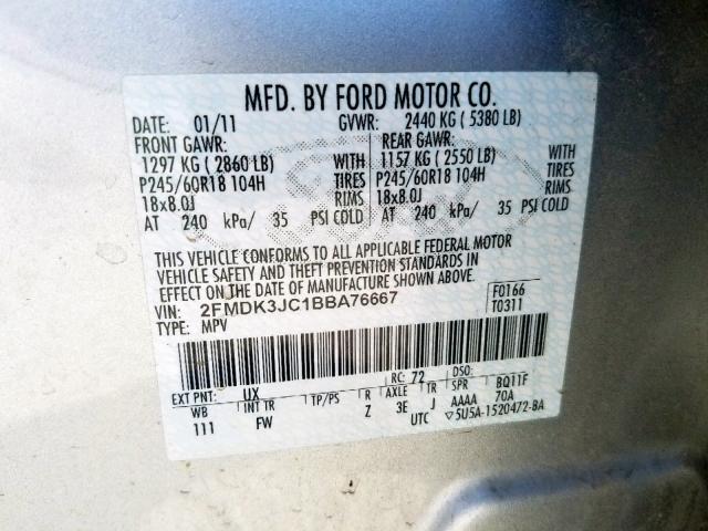 2FMDK3JC1BBA76667 - 2011 FORD EDGE SEL SILVER photo 10