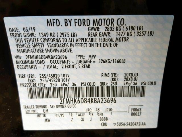 2FMHK6D84KBA23696 - 2019 FORD FLEX LIMIT BLACK photo 10