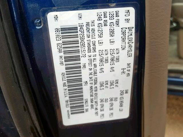 1B4GP25BX2B515172 - 2002 DODGE CARAVAN SE BLUE photo 10