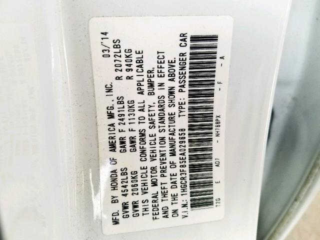 1HGCR3F85EA029658 - 2014 HONDA ACCORD EXL WHITE photo 10