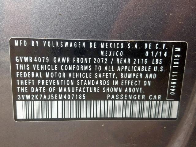 3VW2K7AJ5EM407185 - 2014 VOLKSWAGEN JETTA BASE ნაცრისფერი ფოტო 10