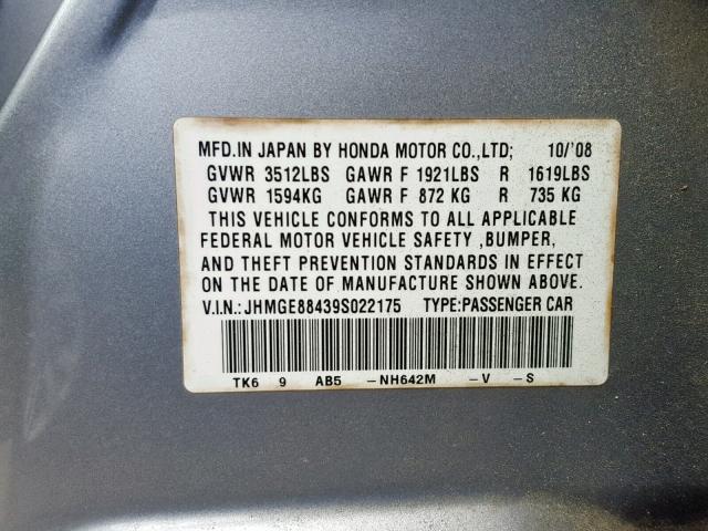 JHMGE88439S022175 - 2009 HONDA FIT SPORT GRAY photo 10