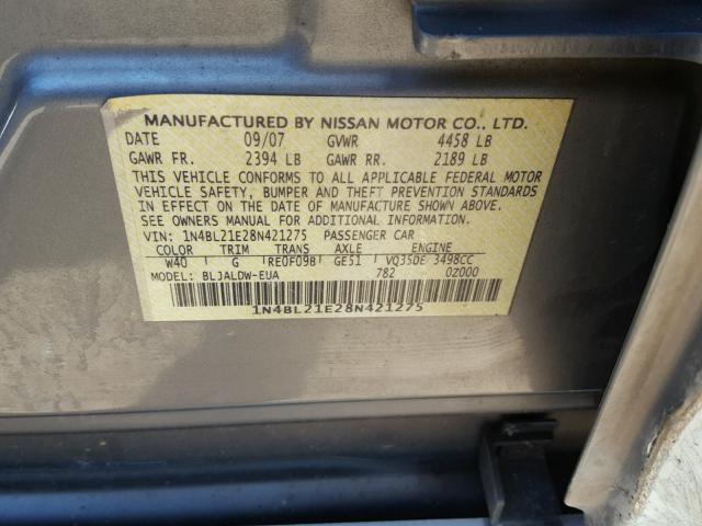 1N4BL21E28N421275 - 2008 NISSAN ALTIMA 3.5 GRAY photo 10