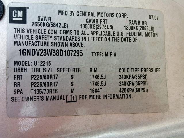 1GNDV23W58D107295 - 2008 CHEVROLET UPLANDER L 银色 照片 10