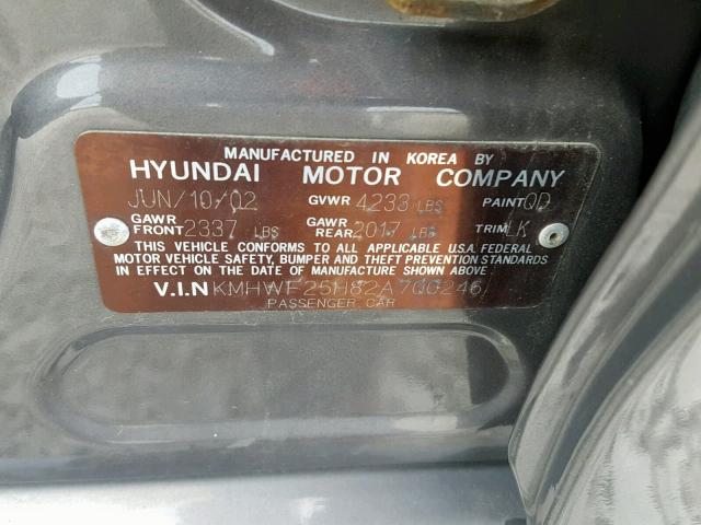 KMHWF25H82A700246 - 2002 HYUNDAI SONATA GL GRAY photo 10