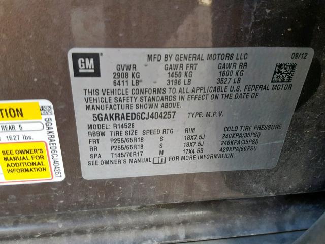 5GAKRAED6CJ404257 - 2012 BUICK ENCLAVE BROWN photo 10