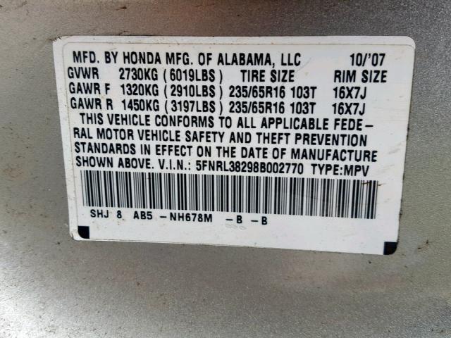 5FNRL38298B002770 - 2008 HONDA ODYSSEY LX SILVER photo 10