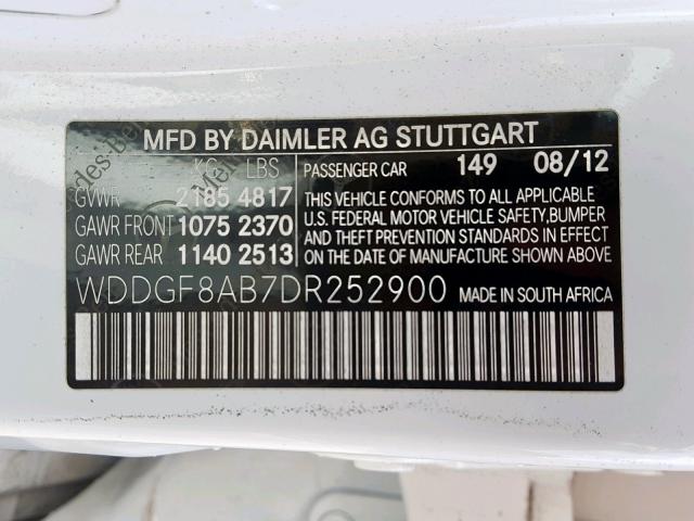 WDDGF8AB7DR252900 - 2013 MERCEDES-BENZ C 300 4MAT WHITE photo 10