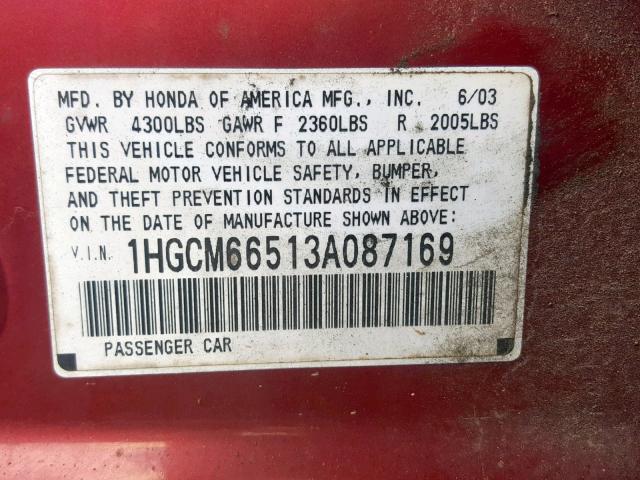 1HGCM66513A087169 - 2003 HONDA ACCORD RED photo 10