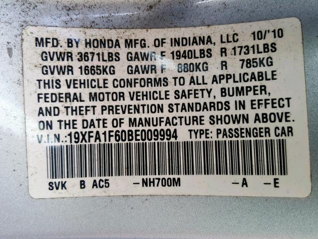 19XFA1F60BE009994 - 2011 HONDA CIVIC LX-S Gümüş foto 10