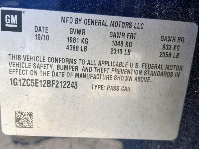 1G1ZC5E12BF212243 - 2011 CHEVROLET MALIBU 1LT 蓝色 照片 10