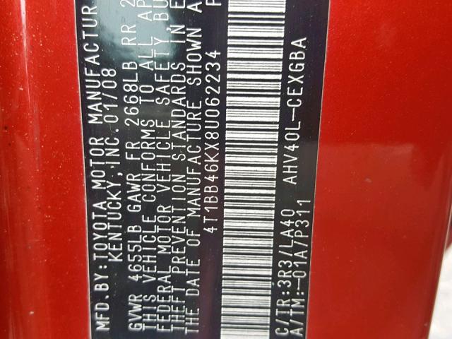 4T1BB46KX8U062234 - 2008 TOYOTA CAMRY HYBR RED photo 10