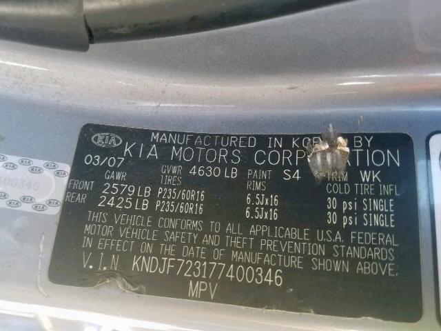 KNDJF723177400346 - 2007 KIA SPORTAGE E GRAY photo 10