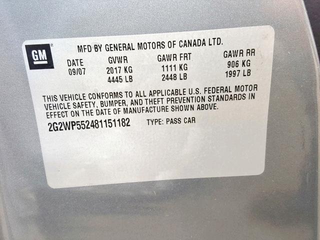 2G2WP552481151182 - 2008 PONTIAC GRAND PRIX GRAY photo 10