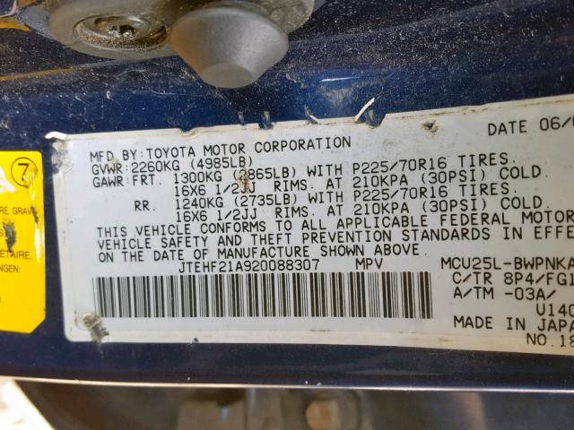 JTEHF21A920088307 - 2002 TOYOTA HIGHLANDER BLUE photo 10